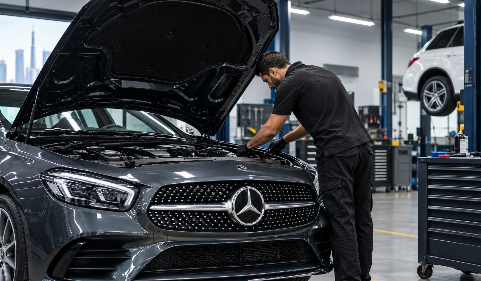 Mercedes-Benz being serviced by a mechanic at Rapido Garage in Dubai