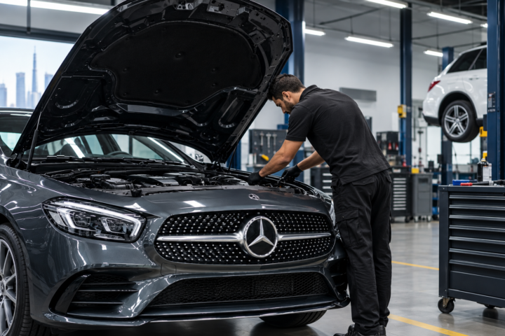 Mercedes-Benz being serviced by a mechanic at Rapido Garage in Dubai